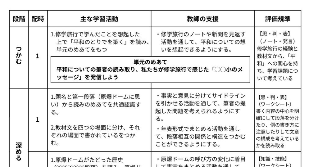 指導案「単元計画（詳細ver）」の書き方例